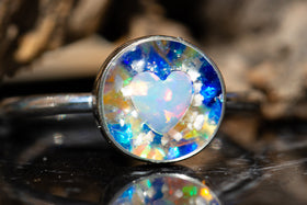 cremation ring opal heart and in blue and yellow, ring for ash, jewelry for ash, cremation jewelry, memorial jewelry, pet ash jewelry