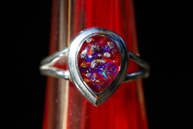 Sparkly Silver Pear Cremation Ring with red and purple opal. Ring for ash, jewelry for ash, jewelry for pet ash, cremation jewelry, remembrance jewelry