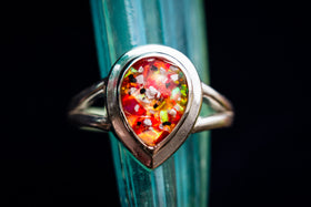 Sparkly Silver Pear Cremation Ring with red, yellow, and white opal. Ring for ash, jewelry for ash, jewelry for pet ash, cremation jewelry, remembrance jewelry