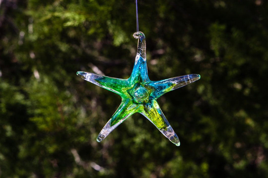 Dichroic starfish suncatcher infused with cremains hanging from a string against a leafy garden background.