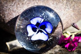 violet flower with cremation ash in glass