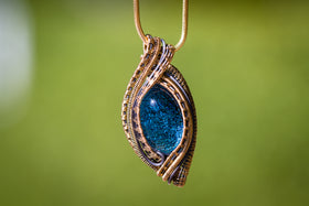 cremation jewelry wire-wrapped silver and gold blue hanging