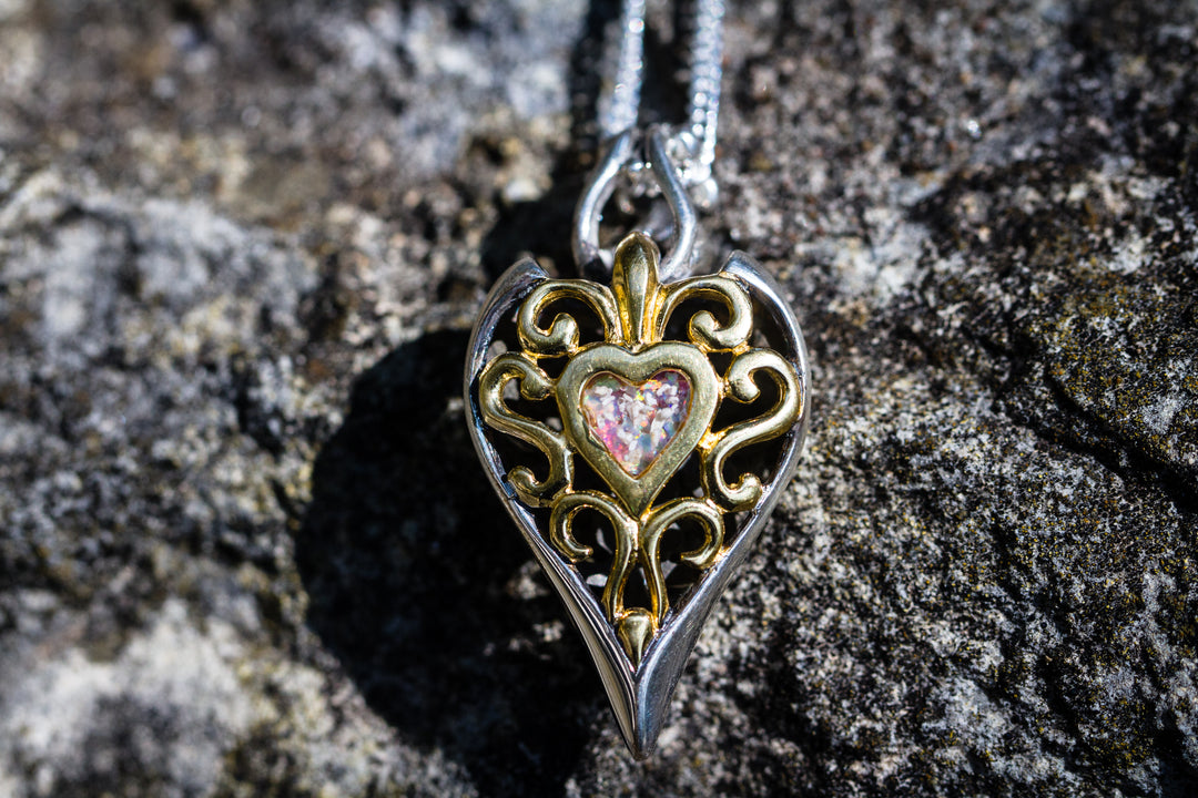 gold filigree heart pendant with white and pink opal. Necklace for Ash, Jewelry for Ash, Cremation Ash Jewelry, Memorial jewelry