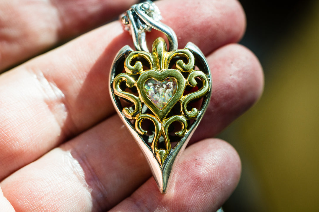 gold filigree heart pendant with white and pink opal. Necklace for Ash, Jewelry for Ash, Cremation Ash Jewelry, Memorial jewelry