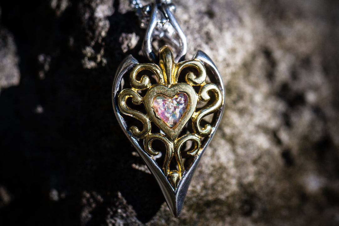 gold filigree heart pendant with white and pink opal. Necklace for Ash, Jewelry for Ash, Cremation Ash Jewelry, Memorial jewelry