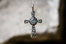 Cross Pendant, with blue and teal crushed opal, hanging on chain. Silver Cross Necklace, Cross Memorial Jewlery, Silver Necklace for Ash, Silver Jewelry for Ash, Memorial Jewelry, Religious Jewelry for Ash