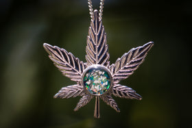 Cannabis Leaf Silver Pendant, with teal and green opal, on a chain. Sterling Silver Necklace, Cannabis Necklace, Pot Leaf Necklace, Necklace for Ash, Cannabis Jewelry for Ash, Silver Remembrance Jewelry,