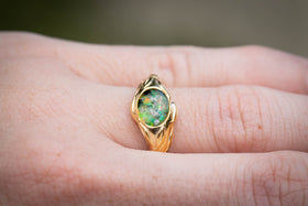 Gold Leaf Ring with cremation ash in green and lime green opal. Ring for cremation ash, ring for ash, memorial jewelry, Cremation ash jewerly