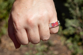 Photo depicts the Bedazzled Gemmmed Square Opal Ring being worn on a model's hand. The sterling silver and zircon encrusted ring has a orange and magenta crushed opal stone. Sterling Silver Men's Ring, Sterling Silver Ring for Ash, Sterling Silver and Zircon Ring, Silver Remembrance Ring, Ring for Ash, Sterling Silver Remembrance Jewelry