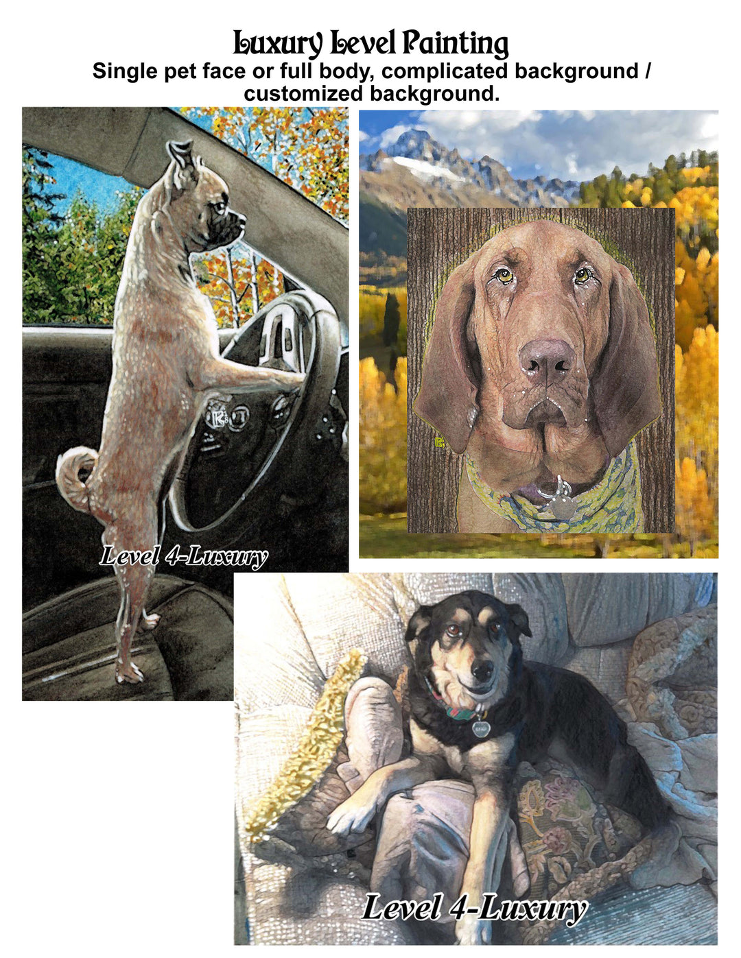 Collage of four luxury level pet portraits in diverse settings including a car interior and scenic backgrounds.