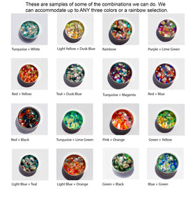 Round crushed opal color samples showing two color mixes for pendants such as turquoise and white and rainbow tones.