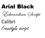 Engraving font options sample sheet showing Arial Black Edwardian Script Calibri Freestyle script.