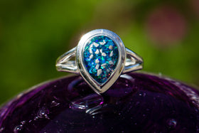 Sparkly Silver Pear Cremation Ring with blue, light blue, and teal opal. Ring for ash, jewelry for ash, jewelry for pet ash, cremation jewelry, remembrance jewelryg