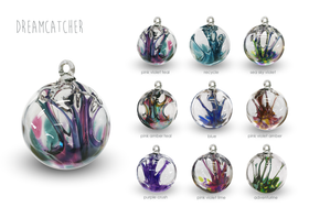 Dreamcatcher Orb Color Chart. Top row, left to right: Pink-violet-teal, recycle, sea sky violet. Second row, left to right: Pink-amber-teal, blue, pink-violet-amber. Third row, left to right: Purple crush, pink-violet-lime, adventurine.