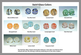 Swirl Marble Color Chart. Top row, left to right: Black and white, true blue, caramel, emerald. Second row, left to right: Marigold, pale blue, candy apple, pale pink. Third row, left to right: White, lemon, turquoise. 