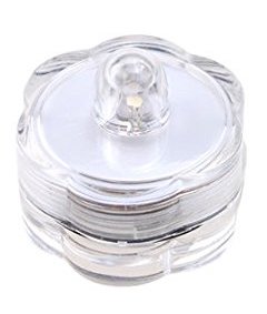 Transparent round LED tealight candle in clear housing.