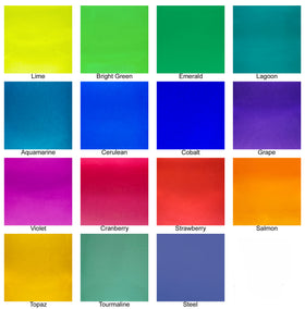 Michael Urn Color Chart. Top row, left to right: Lime, bright green, emerald, lagoon. Second row, left to right: Aquamarine, cerulean, cobalt, grape. Third row, left to right: Violet, cranberry, strawberry, salmon. Fourth row, left to right: Topaz, tourmaline, steel.