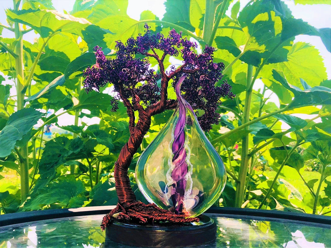 Wire Wrapped Tree of Life with Memorial Flame featuring copper wire tree and a purple 7 inch glass memorial flame