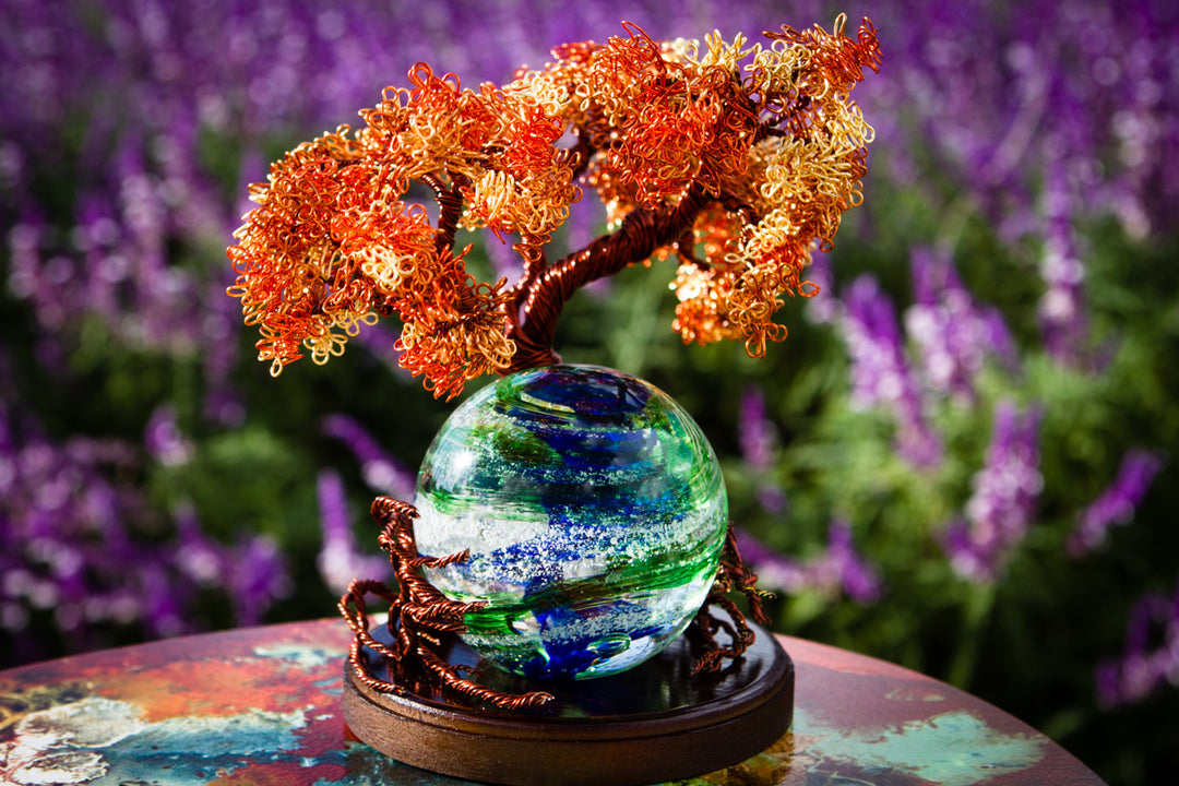 Autumn Sunshine Tree of Life with a Tranquil Swirl Orb on a wooden stand, copper twisted branches and a blue green swirl orb.