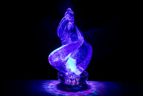 illuminated blue spiral memorial glass with cremation ash
