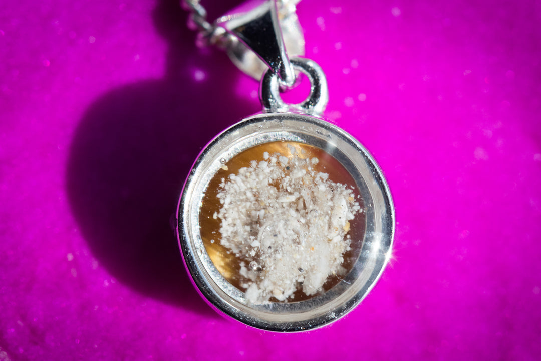 8mm sterling silver cremation pendant with opal cabochon and back space for resin and ashes