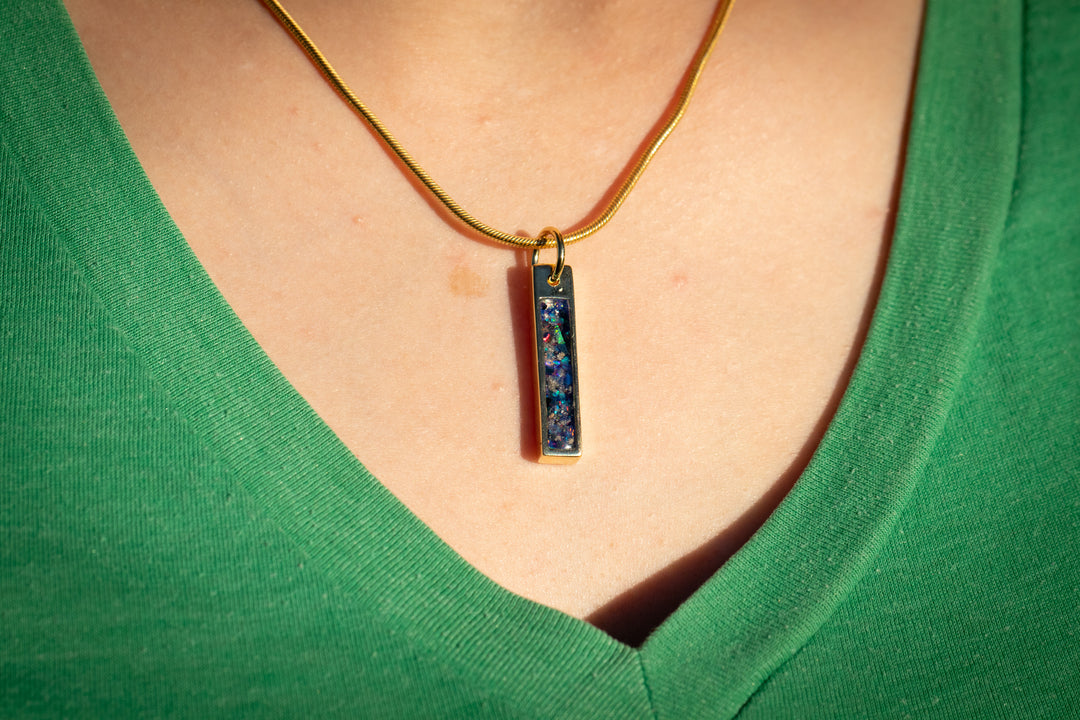 Opal bar pendant with blue and black opal. Necklace for ash, jewelry for ash, necklace for cremains, jewelry for cremation ash.