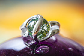 Sterling Silver Ring with 12mm Dichroic Glass Marble Infused with Cremains