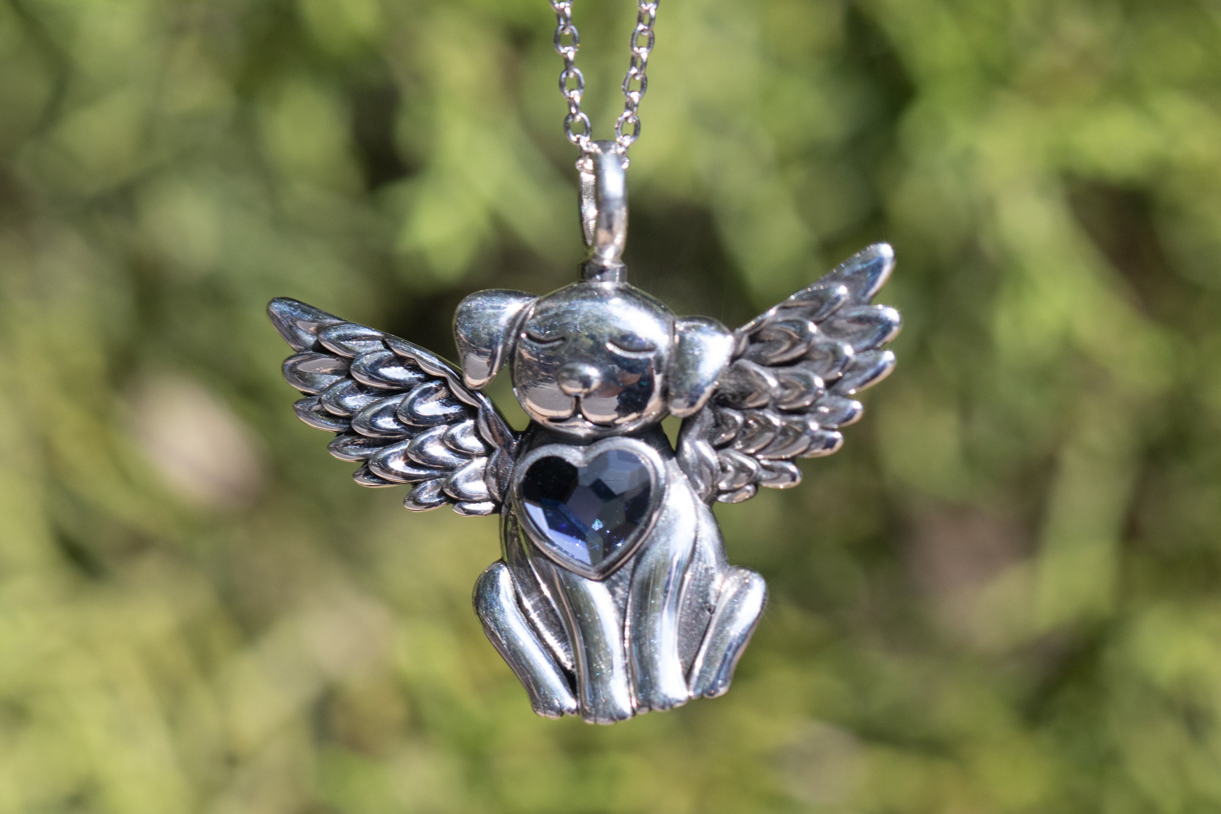Crystal and Silver Dog Heart Cremation Necklace Memorial Glass
