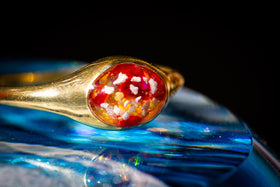 Side view of 14K Gold Plated Ring with orange and red opal. Ring for Ash, Cremation Ash Jewelry, Cremation Ash Keepsake Jewelry, Remembrance Jewelry