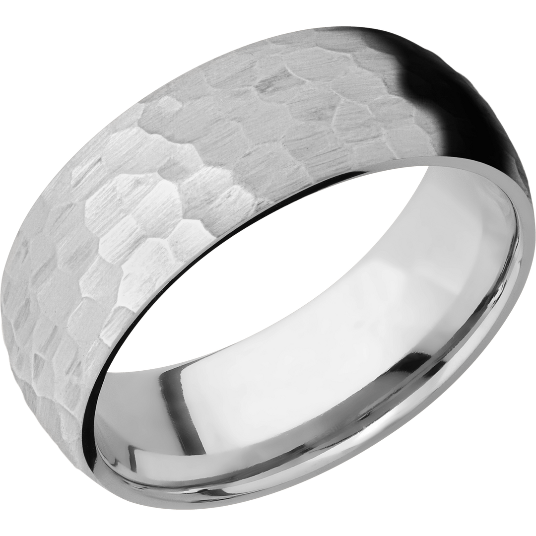 Titanium cremation ash ring with hexagonal hammered pattern on the outer band