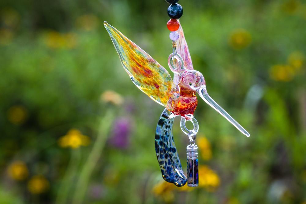 Colorful glass hummingbird pendant with red agate beads crystal butterfly and detachable keepsake urn for ashes