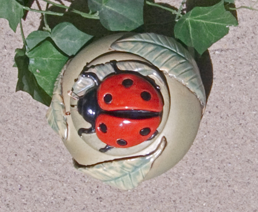 Top view of the keepsake urn with a red ladybug on the lid surrounded by green leaves