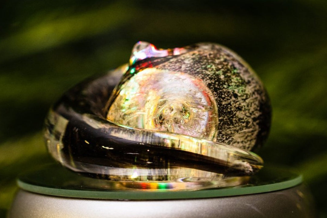 Illuminated sleeping glass cat paperweight with grey cremains visible under clear glass on a round reflective base.