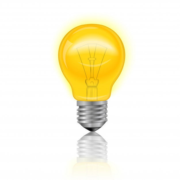 Glowing yellow lightbulb with a metal screw base on a white background