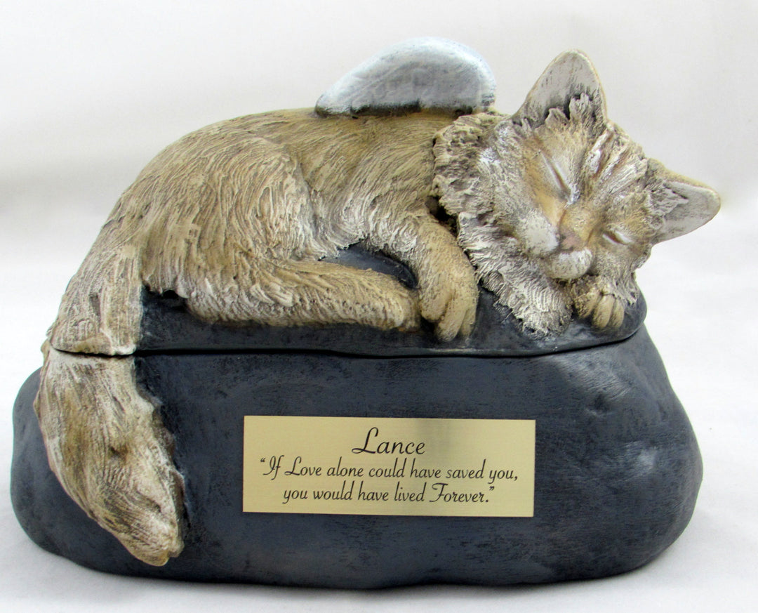 Two-piece hand-painted long-haired cat urn with a sleeping cat on a dark base and a gold inscription plaque