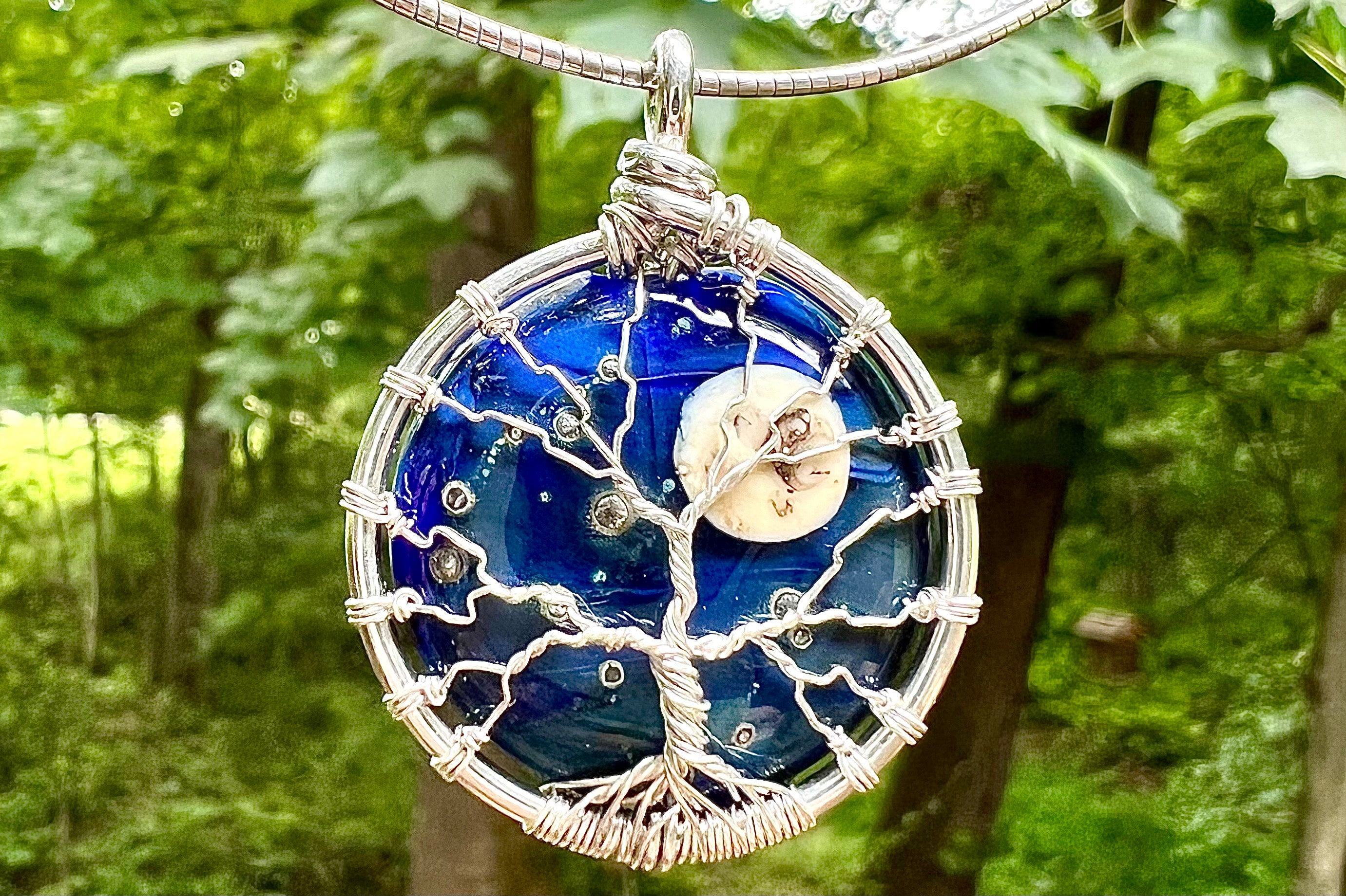 Cremation Jewelry Moon and Stars Tree of Life Pendant with Cremains