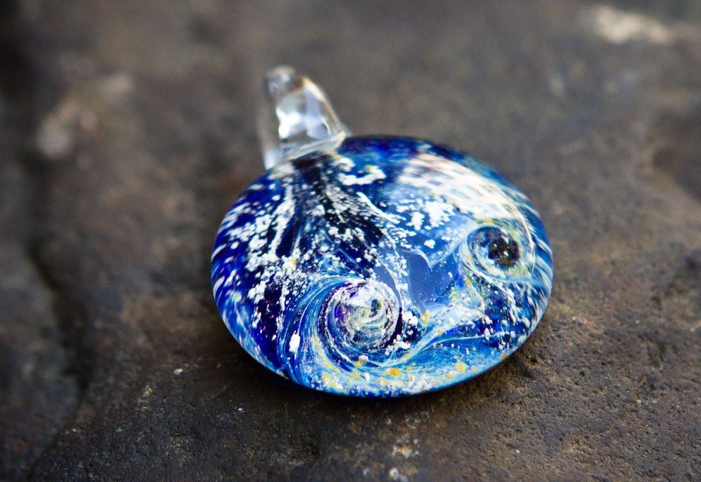 Blue galaxy cremains pendant with swirled resin design