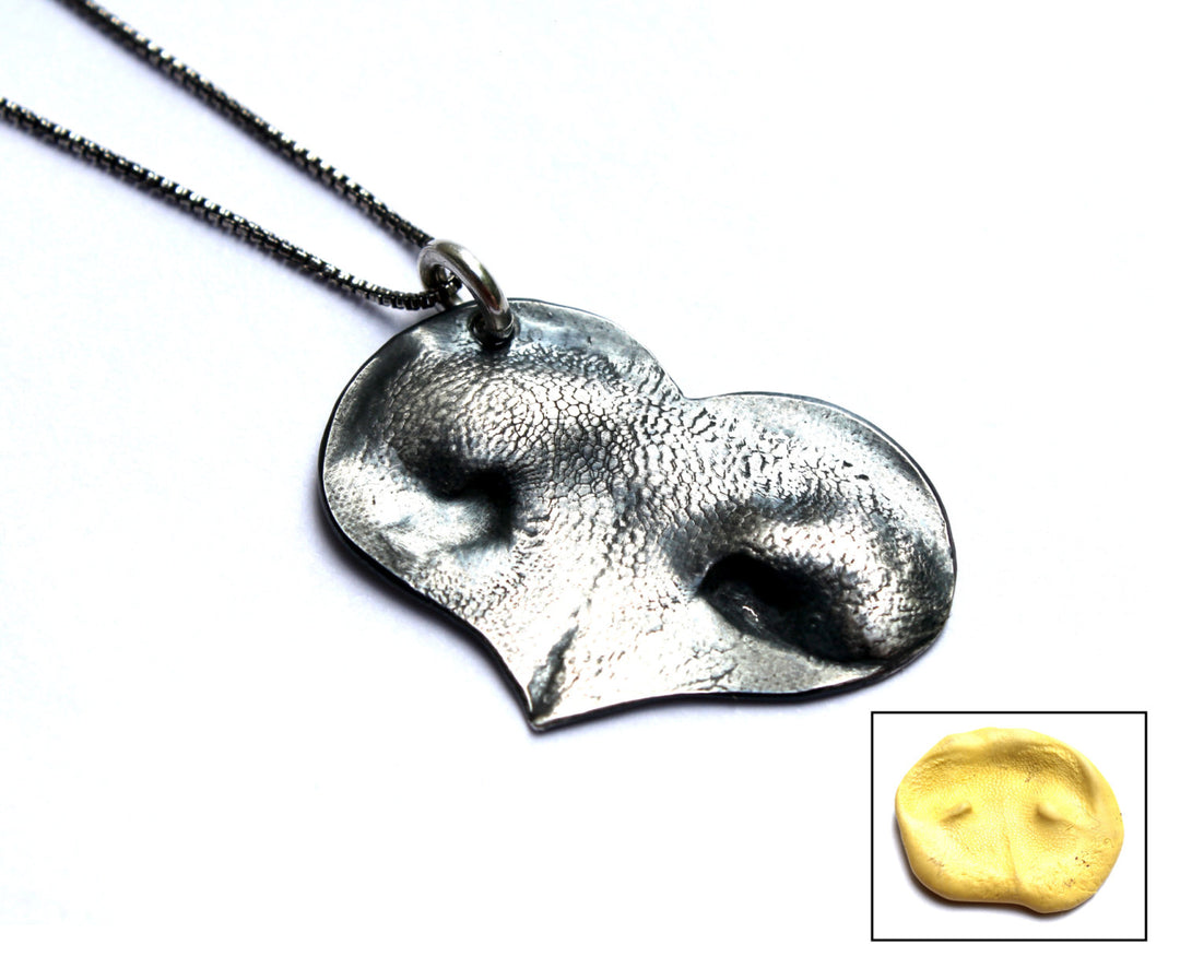 Heart shaped silver nose print and pawprint pendant on white background