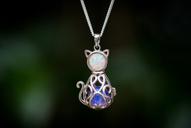 opal cat pendant with cremation ash