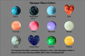 Opaque glass color chart. Top row, left to right: Aqua, midnight (black), light blue, red. Middle row, left to right: Orange, pink, Wisteria, white. Bottom row, left to right: Gray, deep blue, green, yellow. Our opaque line offers saturated solid glass colors. Ash will appear white or gray in most cases, but may exhibit other colors such as black.