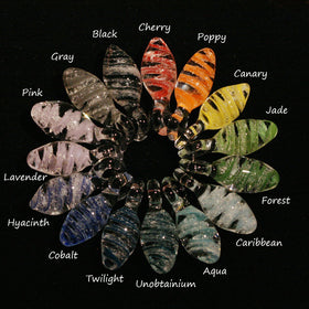 Misha Color Chart. Clockwise starting at the top: Cherry, poppy, canary, jade, forest, Caribbean, aqua, unobtanium, twilight, cobalt, hyacinth, lavender, pink, gray, black.