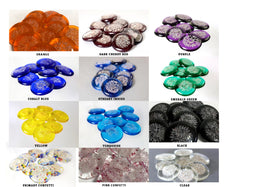 Sharing Stone Color Chart. Top row, left to right: Orange, dark cherry red, purple. Second row, left to right: Cobalt blue, streaky indigo, emerald green. Third row, left to right: Yellow, turquoise, black. Fourth row, left to right: Primary confetti, pink confetti, clear.
