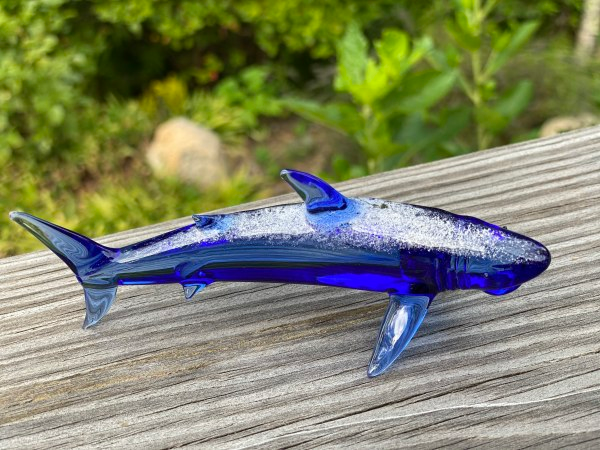 Blue glass shark figurine infused with cremains along the top, resting on a wooden surface.