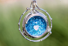 Caged Heart in Stars Necklace - Silver and Glass Cremation Jewelry
