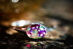 Silver Oval Ring with lime green and purple opal. Ring for ash, Ring for pet ash, Cremation jewelry, Jewelry for ash, Jewelry for pet ash