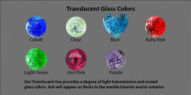 Translucent glass color chart. Top row, left to right: Cobalt, clear, blue, ruby red. Bottom row, left to right: Light green, hot pink, purple. Our translucent line provides a degree of light transmission and muted glass colors. Ash will appear as flecks in the marble interior and/or exterior.